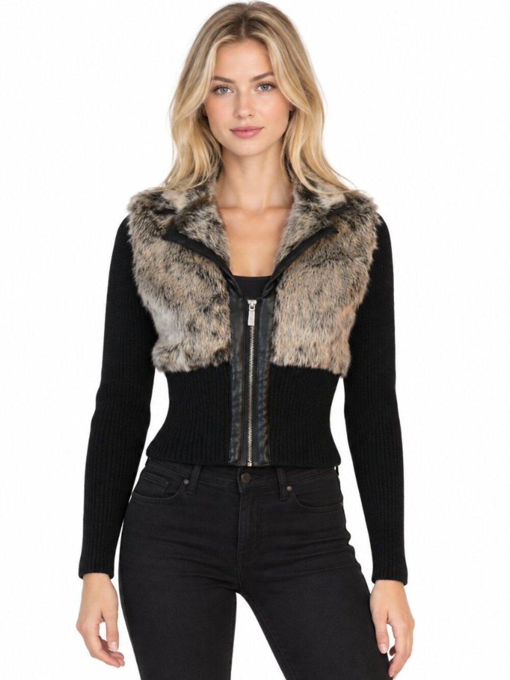 GUESS Women’s Faux-Fur Cropped Knit Zip Jacket Black Size M 8/10